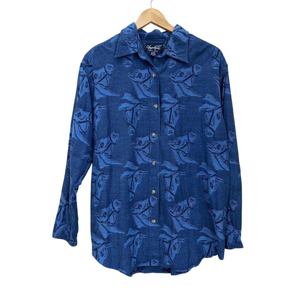 Vintage Angelique Horse Jacquard Shirt Blue Cotton Western Medium Denim Cowboy